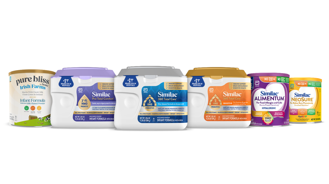 Pure Bliss by Similac Irish Farms, Similac Pro-Total Comfort, Similac 360 Total Care, Similac 360 Total Care Sensitive, Similac Alimentum, and Similac NeoSure products.