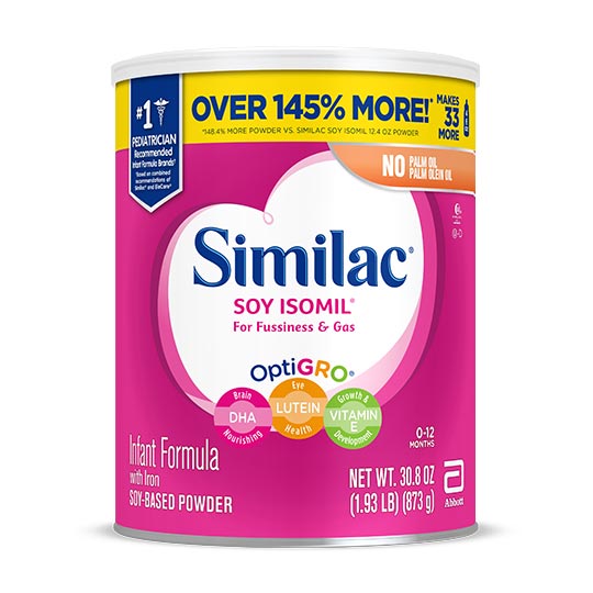 Similac® Soy Isomil® Fórmula Infantil , a base de soja, fácil de digerir,  para intolerantes a la lactosa, fórmula para bebés, polvo, 30.8 oz (Caja de  4)